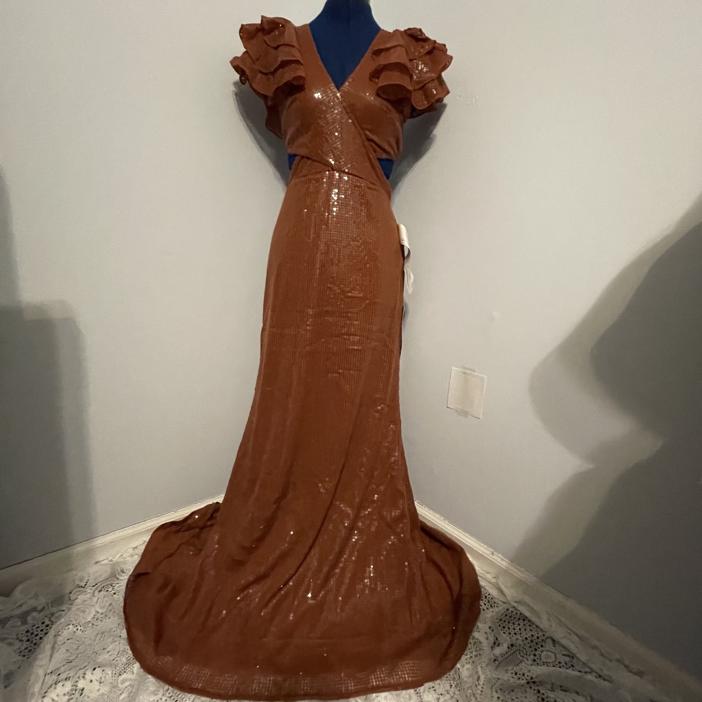 Backless Orange Sequin Ruffle Gown Size 2